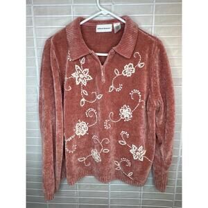 Alfred Dunner Women’s XL Coral Pink Full Zip Sweater Embroidered Flowers